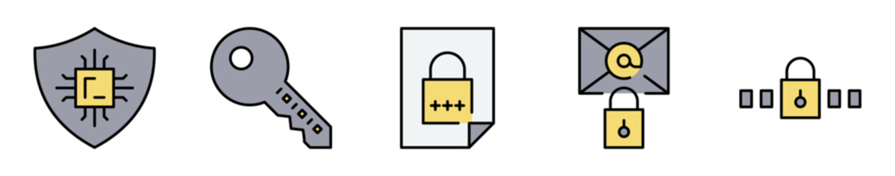 Conjunto de iconos de protecci&oacute;n de identidad digital. Representa seguridad inform&aacute;tica. Incluye escudo, credenciales, documentos, correo seguro y cifrado. Ilustraci&oacute;n vectorial