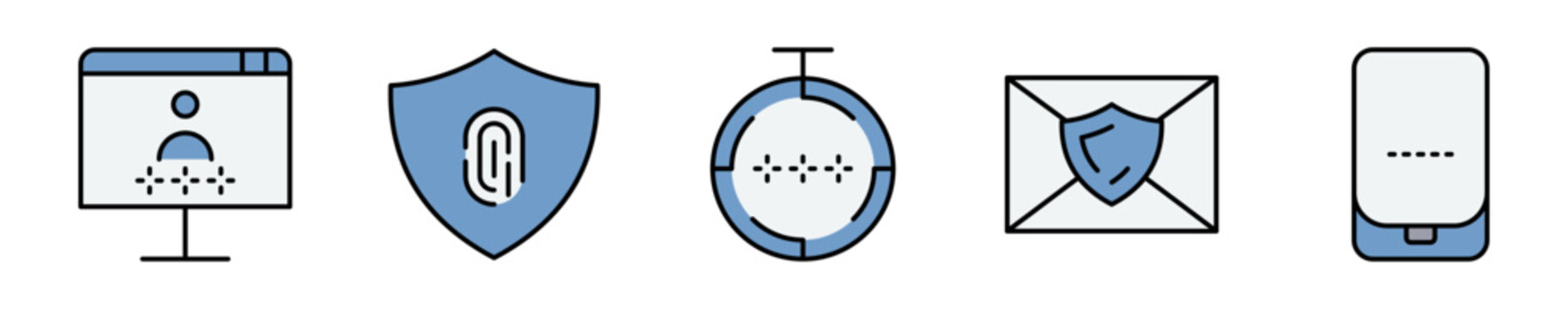 Conjunto de iconos de autenticaci&oacute;n segura. Representa verificaci&oacute;n digital. Incluye identidad, certificados, correo protegido, validaci&oacute;n y dispositivos. Ilustraci&oacute;n vectorial