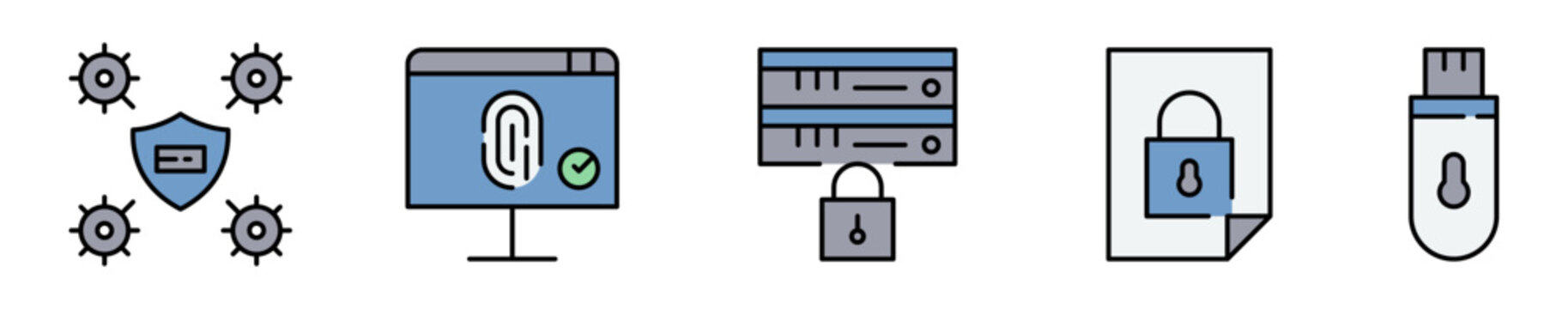 Conjunto de iconos de seguridad inform&aacute;tica. Representa protecci&oacute;n digital. Incluye autenticaci&oacute;n, privacidad, acceso seguro, cifrado y almacenamiento. Ilustraci&oacute;n vectorial