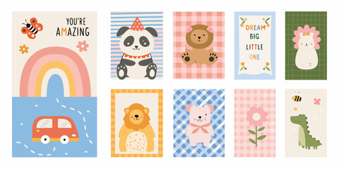 Children s Illustration Set Animals Rainbow And Vehicle Vector Graphics © AnupKumar