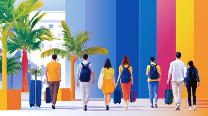 Fototapeta premium Group of travelers walking together, vibrant colors, palm trees, summer vacation, luggage, cheerful atmosphere, urban setting