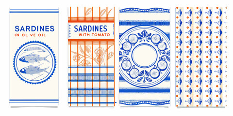 Sardines themed Kitchen Towels Blue And Orange Vector Illustration © AnupKumar
