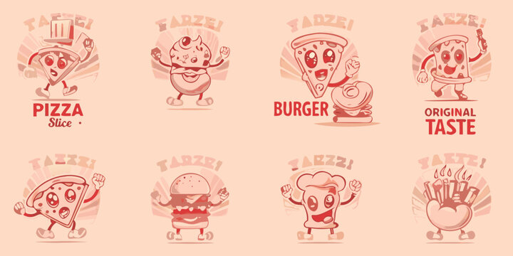 Retro Food Mascot Illustrations Featuring Pizza Burgers And Pastries