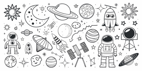 Space And Astronomy Doodle Pattern Black And White Line Art © AnupKumar