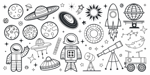 Space and astronomy themed vector illustration with planets rockets and astronauts © AnupKumar