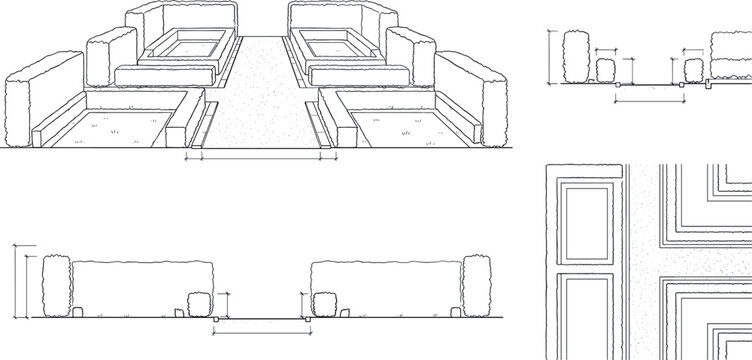 Formal garden layout landscape architecture line art schematics featuring plan elevation and axonometric views in image_93c2c0.png