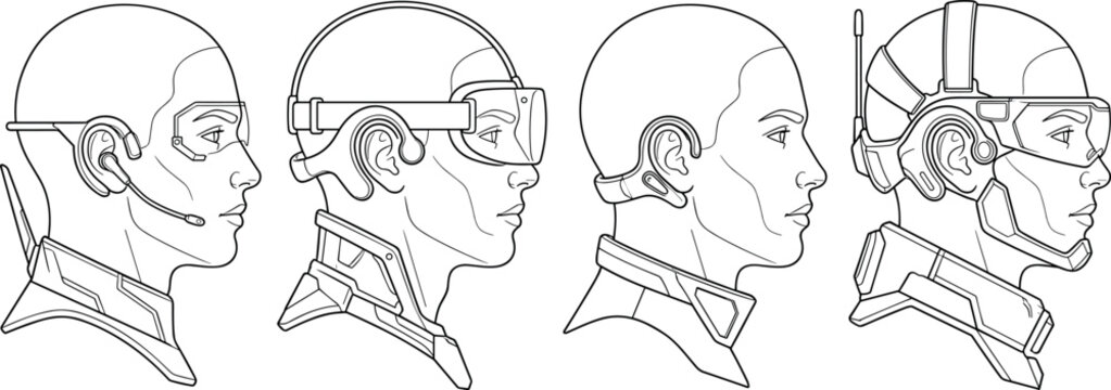Futuristic sci-fi headgear and cybernetic communication visors line art character profile vector collection