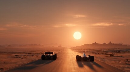 Fototapeta premium Two formula-style race cars driving a straight road through a vast desert during sunset in Saudi Arabia with copy space
