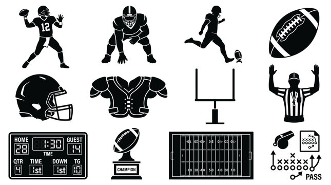 American Football Silhouettes Collection - Players, Equipment, and Game Elements.