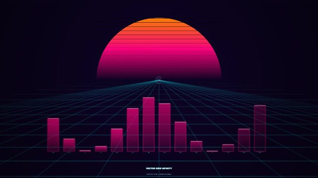 Retrowave sunset background with animated glowing audio equalizer bars