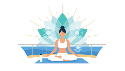 Fototapeta premium Woman practicing yoga in lotus position on a blue mat with a stylized lotus flower background while on a ship deck balcony.
