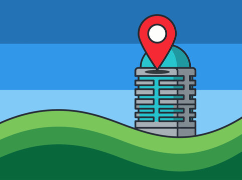 An illustration of a stylized urban landscape featuring a prominent location marker on a building, representing modern navigation and urban exploration concepts.