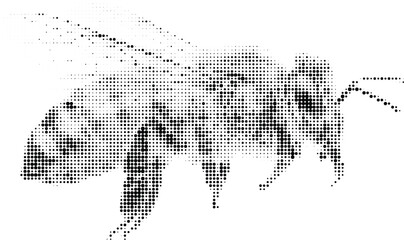 Bee halftone vector silhouette, black and white insect art, nature inspired animal design, digital graphic with dotted pattern, geometric fly illustration. © Ontora