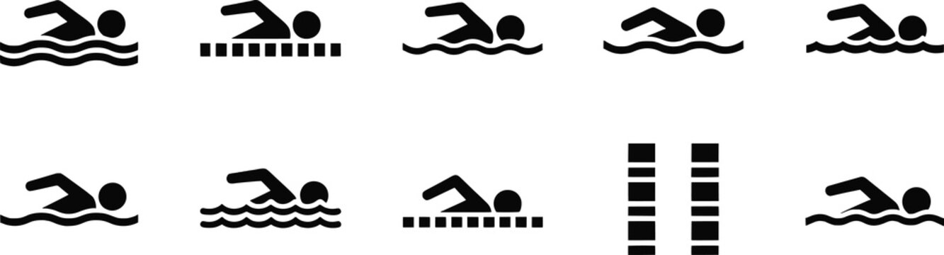 Black swimming pictogram silhouettes, aquatic sport vector illustration set, pool activity design collection, water motion icons, athlete artwork graphics