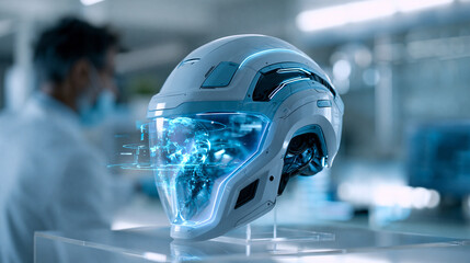 Fototapeta premium Futuristic helmet on display in laboratory with faceless person interacting with holographic projections, advanced technology concept, laboratory photography, blurred lab