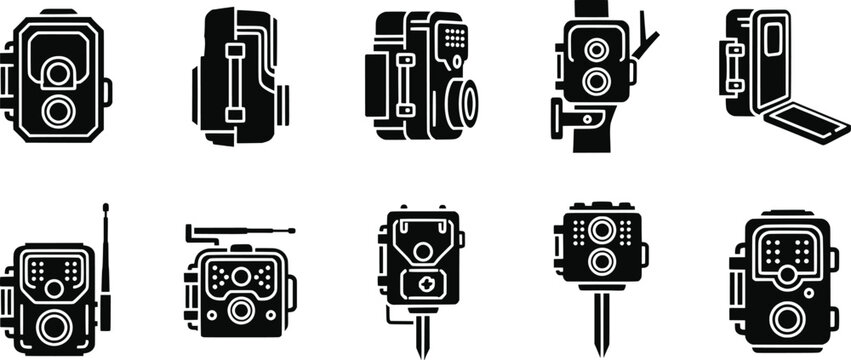 Black trail camera silhouettes, wildlife monitoring vector illustration set, outdoor surveillance design collection, security icons, hunting gear artwork