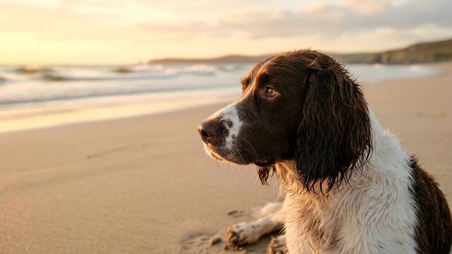 english springer spaniel close up at cornwall beach england during golden light video