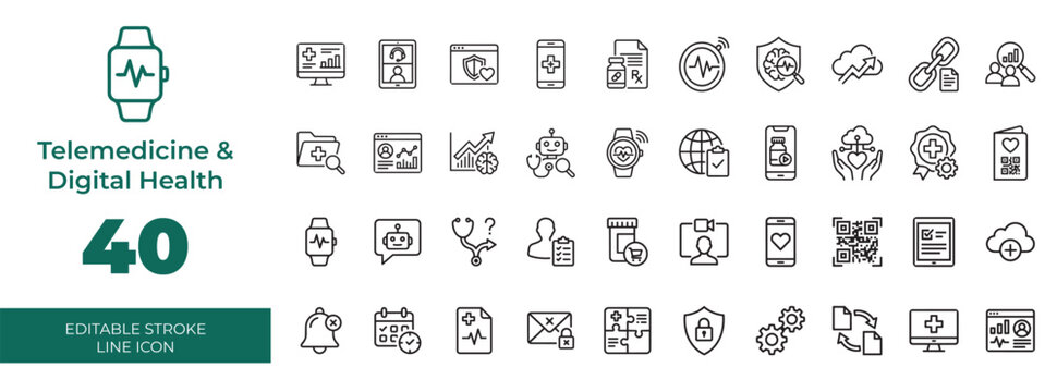 Telemedicine and Digital Health Line Icons Collection