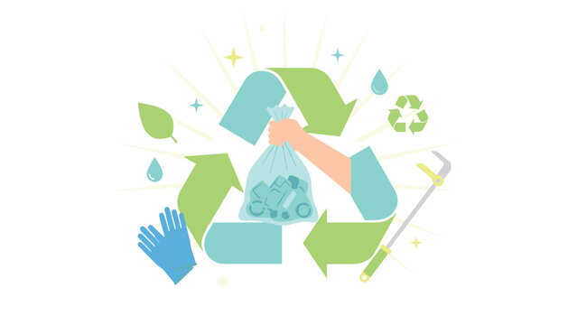 Recycling concept featuring hand holding plastic bag full of items surrounded by recycle arrows leaves water droplets and cleaning tool on pale.