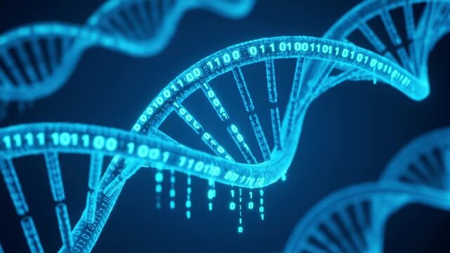 Blue digital DNA double helix with binary code digits. Suitable for science presentation, technology video, biology education, medical documentary.