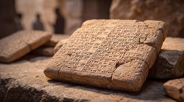 A clay tablet with ancient text and Sumerian hieroglyphs on a stone tabletop in the temple. Artifacts, archeology, the study of writing of ancient civilizations, cuneiform