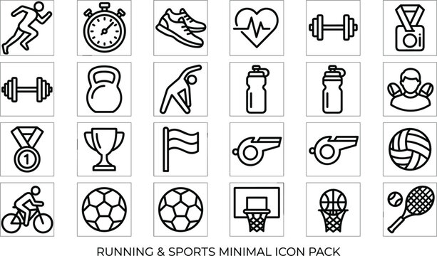 Running and sports fitness line icon set featuring runner stopwatch dumbbell kettlebell whistle basketball football tennis vectors