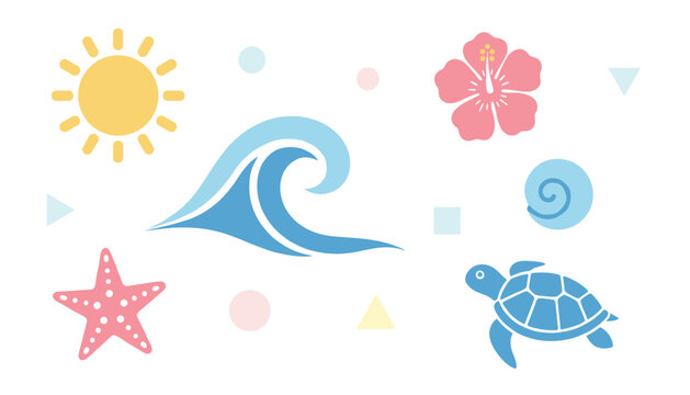 Summer vacation icons featuring a yellow sun, blue ocean wave, pink hibiscus flower, sea turtle, and starfish against a neutral beige backdrop.