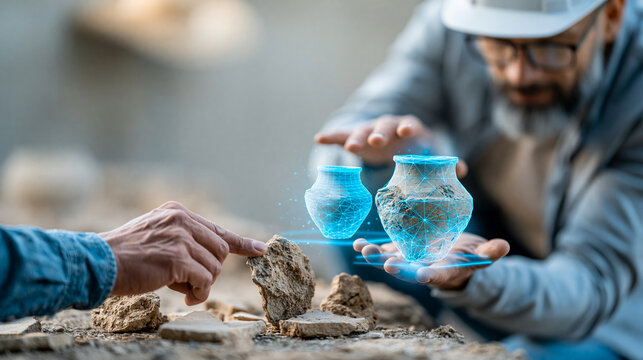 Faceless archeologist examining ancient pottery fragments with holographic reconstruction in field research setting, digital archaeology concept, cultural photography, blurred