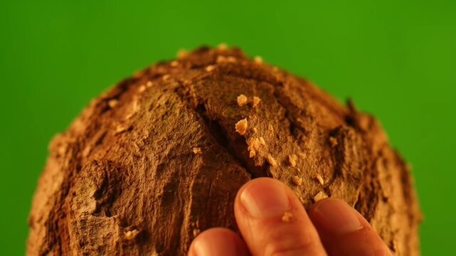 Hand breaking fresh baked bread loaf on green screen background.