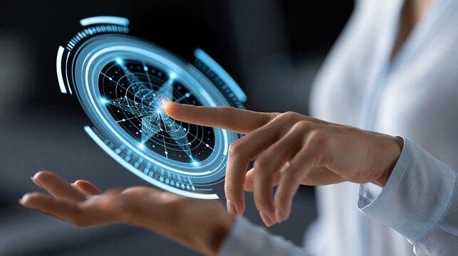 Faceless businesswoman analyzing multidimensional performance metrics with radar chart interface, business analytics concept, corporate photography, blurred dark background, with