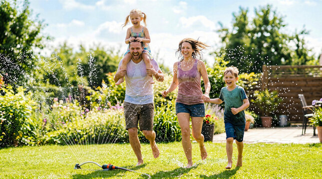 Family runs around in backyard playing with water from sprinkler. Children laugh and splash while parents enjoy summer day. Concept of family fun, outdoor activities, summer games