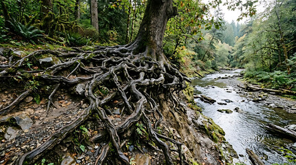 Fototapeta premium Deeply rooted tree overlooking a clear flowing river in a lush, green forest, a captivating display of nature's resilience and timeless beauty in a serene wilderness
