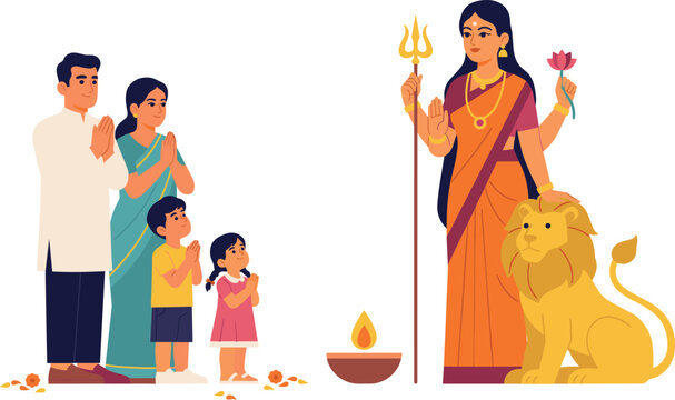 A vibrant illustration of a family worshipping the hindu goddess durga with a lion