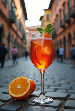 Detail-Rich Aperol Spritz Drink at Historic City Piazza Captured in Stunning 8K Resolution