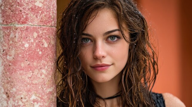 Young woman with wet wavy hair beside water on travertine stone surface, glistening droplets on pinkish porous limestone, natural portrait with direct gaze and neutral expression