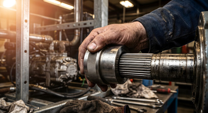 Close up of a mechanic's hand holding a heavy metal spline shaft in a busy industrial setting.