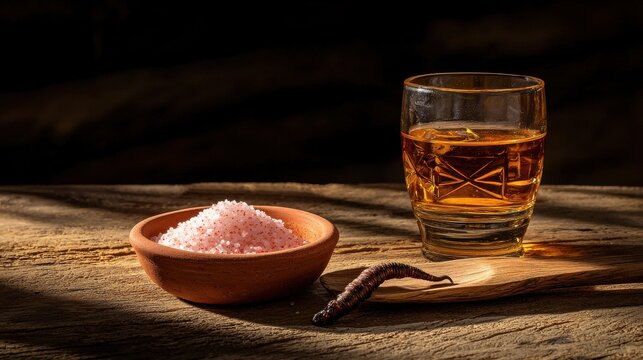Premium tequila worm salt authentic Mexican tradition with pink sal de gusano in clay bowl, dried agave worm and golden aged tequila glass on rustic wooden surface