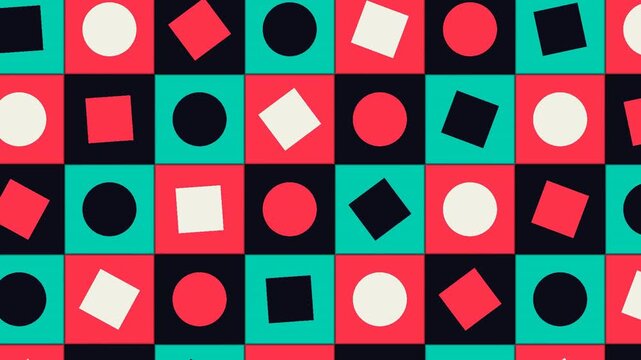 Round and square shapes appear in various colors on a grid. Move and change position in a lively way. 2D animation.