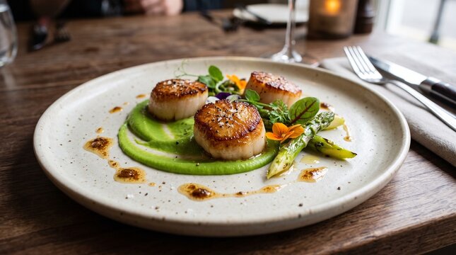 Pan-seared scallops with pea pur&eacute;e, asparagus, browned butter and edible flowers in refined seafood presentation. 