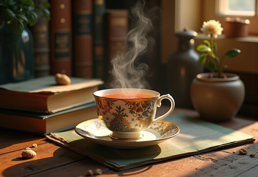 Herbal Tea in Delicate China Cup on Wooden Desk Surrounded by Books and Warm Light