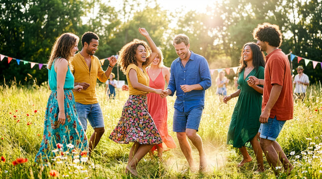 Friends dance joyfully in open field surrounded by trees. Bright sunlight shines down on gathering. Concept of celebrations, social events, outdoor parties
