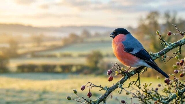 eurasian bullfinch bird singing in europe forest at morning light video