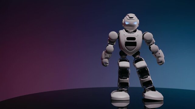 Humanoid robot performing dance movements on a dark background