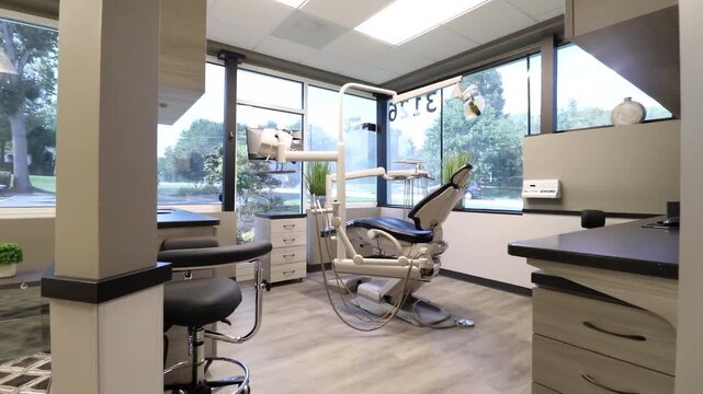 Modern dental office interior with empty chair and equipment
