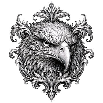 Detailed Monochrome Eagle Emblem with Floral Victorian Ornament