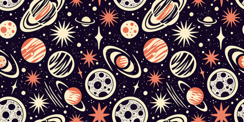 Space Pattern Vector Illustration With Planets Stars And Ringed Celestial Bodies © NaderAli
