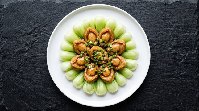 Braised abalone with baby bok choy and savory brown sauce on white plate over black slate background featuring gourmet chinese seafood cuisine elegance.