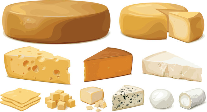 Gourmet Cheese Variety Vector Illustration Set with Wheels Wedges Slices and Cubes Featuring Swiss Cheddar Blue Mozzarella and Goat Cheese Elements