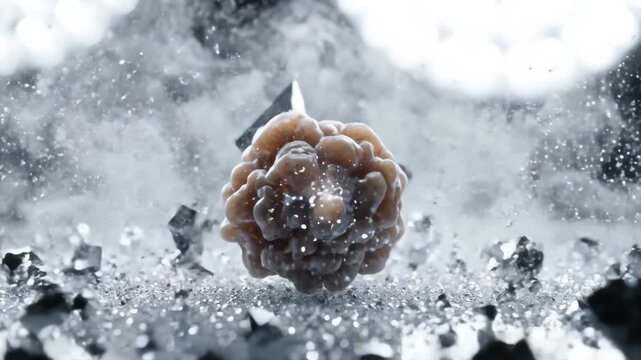 Abstract 3D geometric shape shattering and revealing an organic sphere. Slow motion cinematic animation of breaking crystal structures, transforming from rigid black shards into a textured mass.