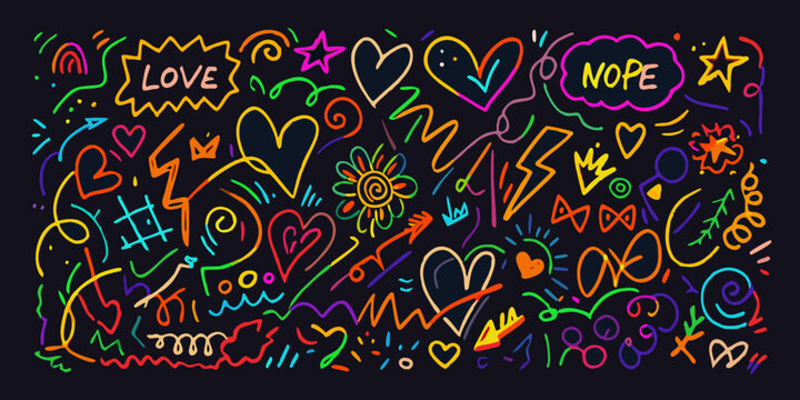 Neon doodle art with hearts stars and text on a dark background